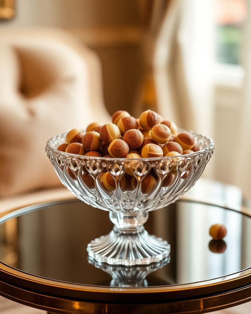 Kristallschüssel mit feinen Pralinen auf einem Tisch