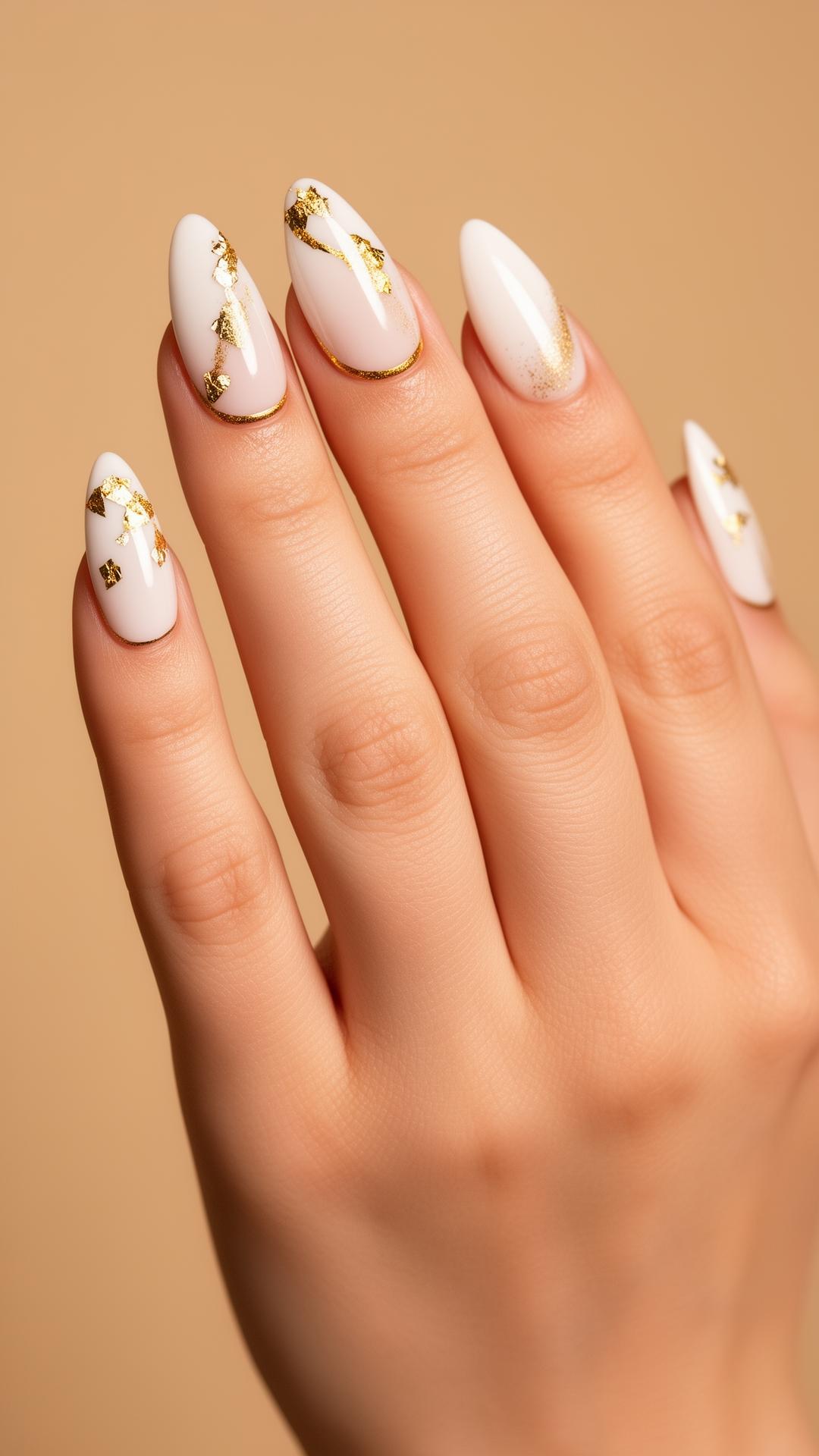Elegantes modernes Nageldesign in Weiß und Gold